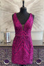 Fuchsia Plunging V Neck Sequins Embroidery Sheath Homecoming Dresses