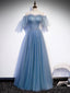 Blue Sweetheart Tulle Sequin Long Prom Dress, Blue Prom Dresses, 1