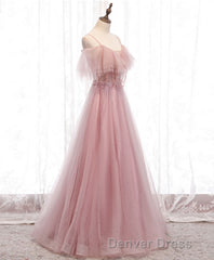 Pink Sweetheart Tulle Long Prom Dresses, Pink Tulle Formal Dresses, 1