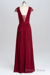 Wine Red A-line Chiffon Long Bridesmaid Dresses with Cap Sleeves