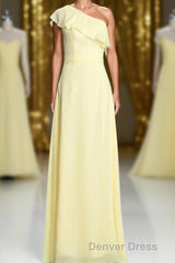 One Shoulder Yellow Ruffles A-line Long Bridesmaid Dresses