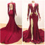 2026 Sexy Sheath Long Sleeves Burgundy and Gold Appliques Side Slit Deep V Neck African American Backless Prom Dresses