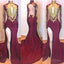 2026 Amazing Burgundy and Gold Appliques Long Sleeves High Neck Side Slit African American Prom Dresses