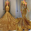 2026 Sexy Mermaid Gold V Neck Backless Long Sleeves Sequence African American Prom Dresses