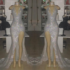 2025 Sexy Silver Halter V-neck Side Split Sequins Prom Dresses