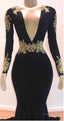 2026 Black Mermaid Trumpet Long Sleeve V Neck Applique Elastic Satin Prom Dresses