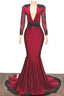 2026 Elegant Mermaid Trumpet V Neck Long Sleeve Applique Beaded Backless Satin Prom Dresses