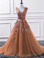 Deep V Neck Brown Tulle Appliques Sleeveless Flowers A Line Pleated Long 2025 Prom Dresses