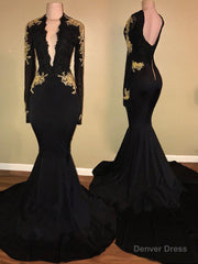 Deep V Neck Backless Long Sleeve Satin Black Mermaid Appliques 2025 Prom Dresses