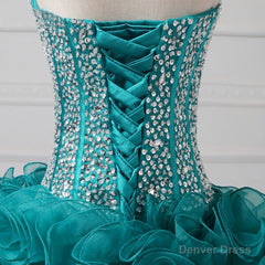 Ruffles Strapless Sweetheart Backless Rhinestone Organza Teal Homecoming Dresses