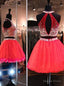 Sleeveless Two Pieces A Line Pleated Organza Red Halter Rhinestone Backless Homecoming Dresses