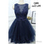 Jewel Sleeveless Appliques Beading A Line Tulle Sheer Pleated Dark Navy Homecoming Dresses