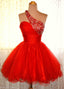 One Shoulder Red Sleeveless A Line Organza Pleated Rhinestone Homecoming Dresses