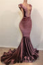 2026 New Arrival Mermaid Velvet Grape Open Front Backless Prom Dresses