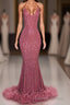 2026 Charming Mermaid Hot Pink Sequence With Feathers Halter Backless Prom Dresses