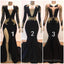 2026 Black Mermaid Long Sleeves V Neck Gold Appliques Prom Dresses
