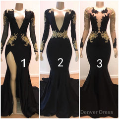2025 Black Mermaid Long Sleeves V Neck Gold Appliques Prom Dresses
