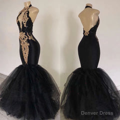 2025 Sexy Prom Dresses, Black Mermaid Tulle With Gold Appliques V Neck Backless
