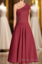 One-Shoulder Burgundy Lace A-Line Short Bridesmaid Dresses
