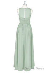 Sage Green Chiffon Sheer Neck A-Line Long Bridesmaid Dresses