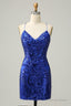Royal Blue Sheath Lace Up V Neck Sequins Homecoming Dresses
