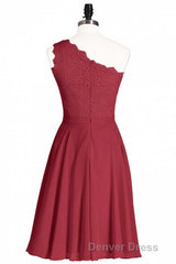 One-Shoulder Burgundy Lace A-Line Short Bridesmaid Dresses