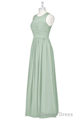 Sage Green Chiffon Sheer Neck A-Line Long Bridesmaid Dresses