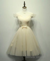 Simple V Neck Tulle Off Shoulder Short Prom Dresses, Pink Homecoming Dresses