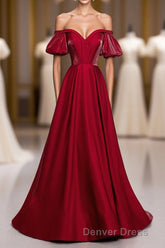 Simple Sweetheart Burgundy Satin Long Prom Dresses, Burgundy Evening Dresses