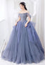 Blue Sweetheart Neck Tulle Beads Sequin Long Prom Dresses