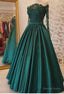 2026 A Line Dark Green Long Sleeves Off Shoulder Appliques Long Prom Dresses