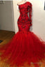 Mermaid 2026 Red Long Sleeves Tulle Beaded Long Prom Dresses