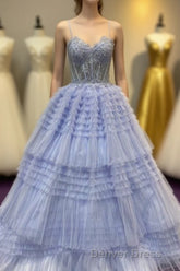 Periwinkle Lace Sweetheart Tiered Long Prom Dresses with Ruffles