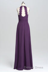 Purple Halter A-line Pleated Long Bridesmaid Dresses