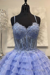 Periwinkle Lace Sweetheart Tiered Long Prom Dresses with Ruffles