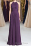 Purple Halter A Line Pleated Long Bridesmaid Dresses
