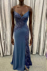 Elegant Navy Blue Long Prom Dresses with Lace Appliques