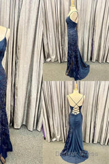 Elegant Navy Blue Long Prom Dresses with Lace Appliques