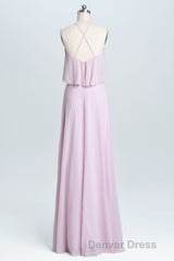 Pink Straps Flounce Chiffon A-line Long Bridesmaid Dresses