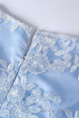 Light Blue Crew Neck Lace Half Sleeve Short Mother of the Bride Dresses
