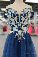Navy Blue Floral Applique Lace-Up A-Line Long Prom Dress