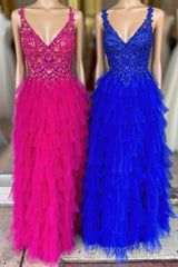 Fuchsia Layers Floral Tulle A-line Long Prom Dresses