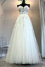 White Tulle Floral Lace Strapless A Line Wedding Dresses