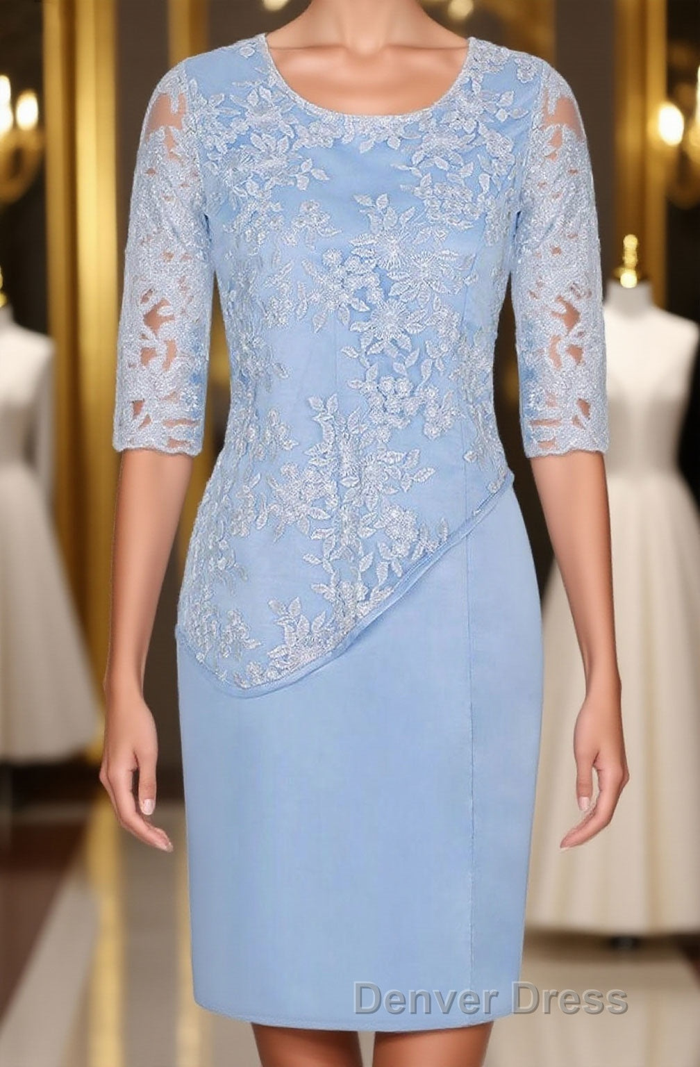 Light Blue Crew Neck Lace Half Sleeve Short Mother of the Bride Dresse