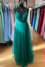 Hunter Green A Line Plunging V Neck Double Straps Pleated Long Prom Dresses