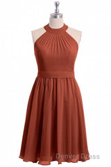 Rust Orange Chiffon Halter Backless A-Line Short Bridesmaid Dresses