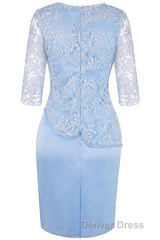 Light Blue Crew Neck Lace Half Sleeve Short Mother of the Bride Dresses