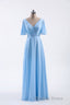 Flutter Sleeves Blue Chiffon A Line Long Bridesmaid Dresses