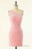 Pink Sequin One Shoulder Backless Short Prom Dresses