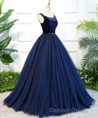 Dark Blue Tulle Long Prom Dresses, Dark Blue Tulle Evening Dresses